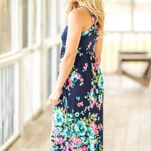 BELLAMI Navy Blue Maxi Racerback Dress With Pink Flowers & Pockets Size Small